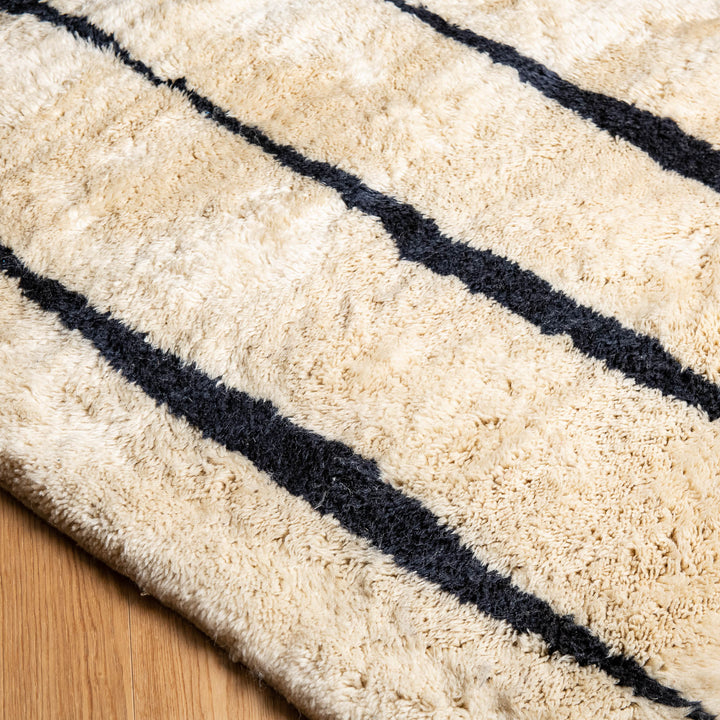 Black and White Moroccan Wool Rug with Vertical Striped Design