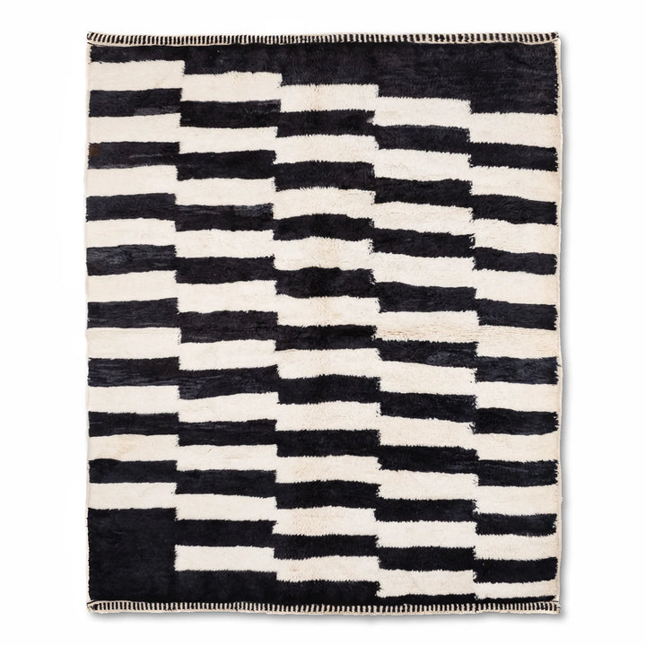 Black and White Striped Moroccan Wool Rug – Geometric Pattern