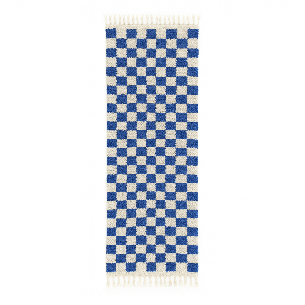 Handmade Moroccan runner rug with blue and white checkerboard pattern crafted from natural wool.