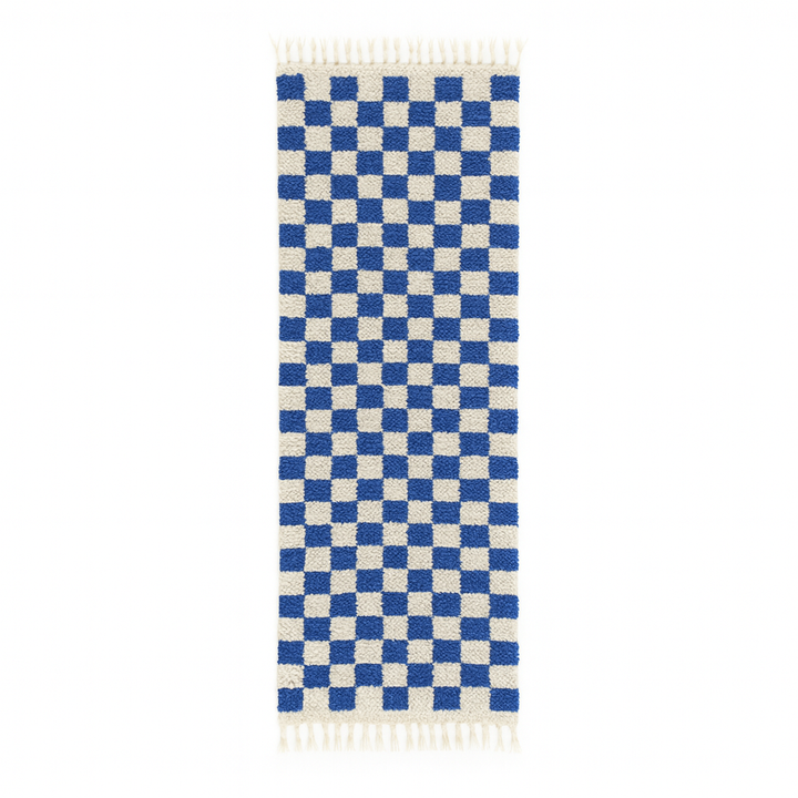 Handmade Moroccan runner rug with blue and white checkerboard pattern crafted from natural wool.