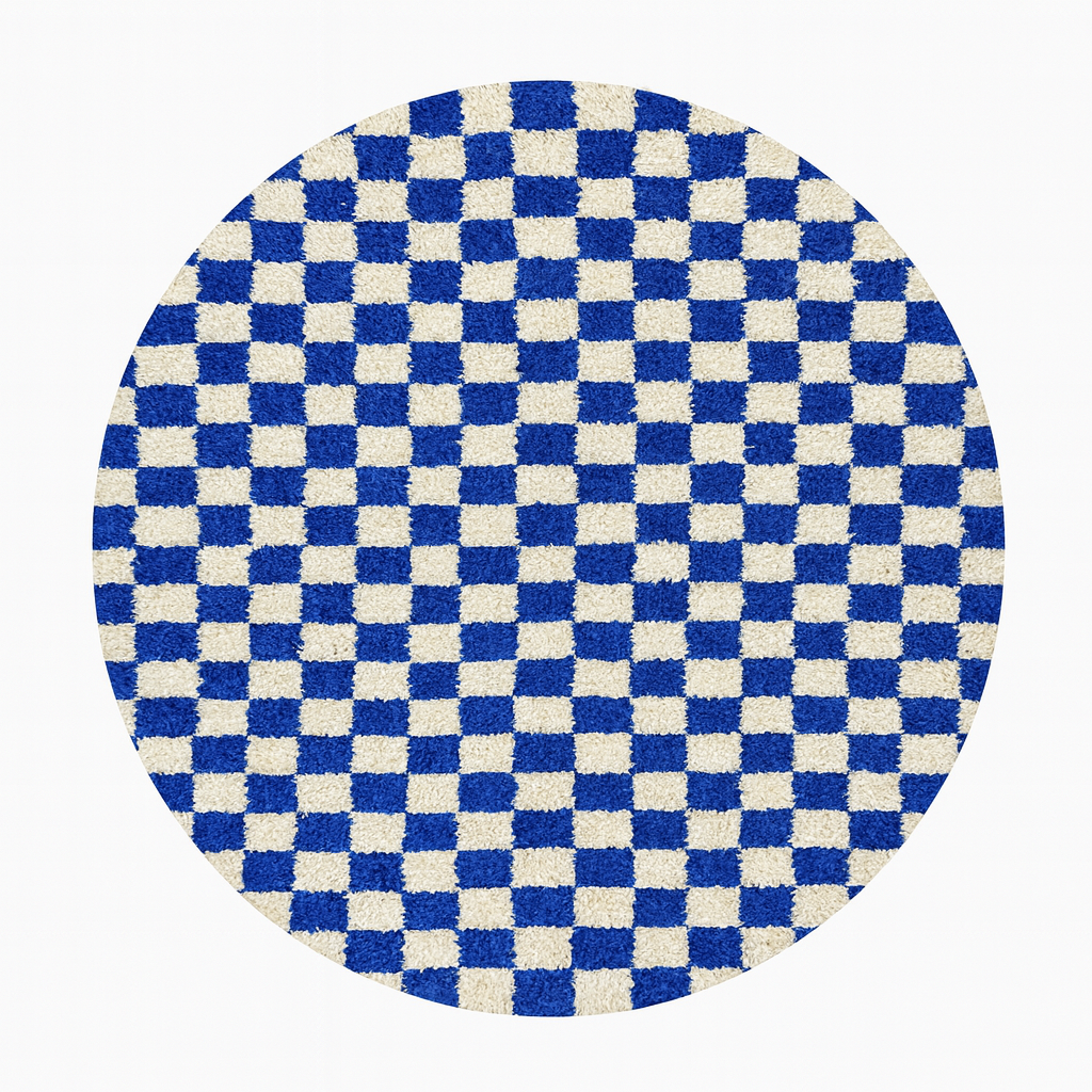 Blue and white checkered Moroccan round rug with modern geometric pattern.