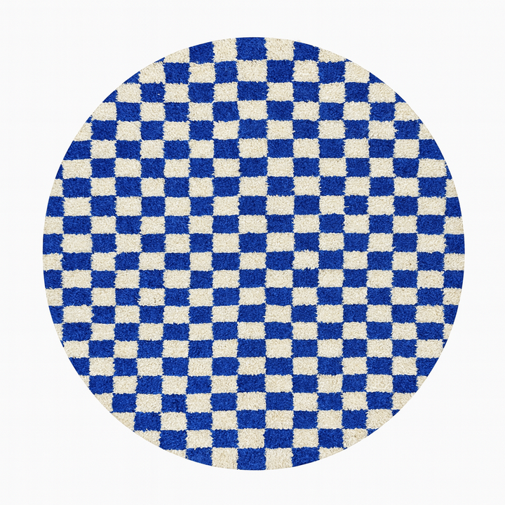 Blue and white checkered Moroccan round rug with modern geometric pattern.