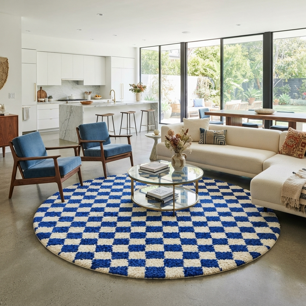 Blue and white checkered Moroccan round rug with modern geometric pattern.
