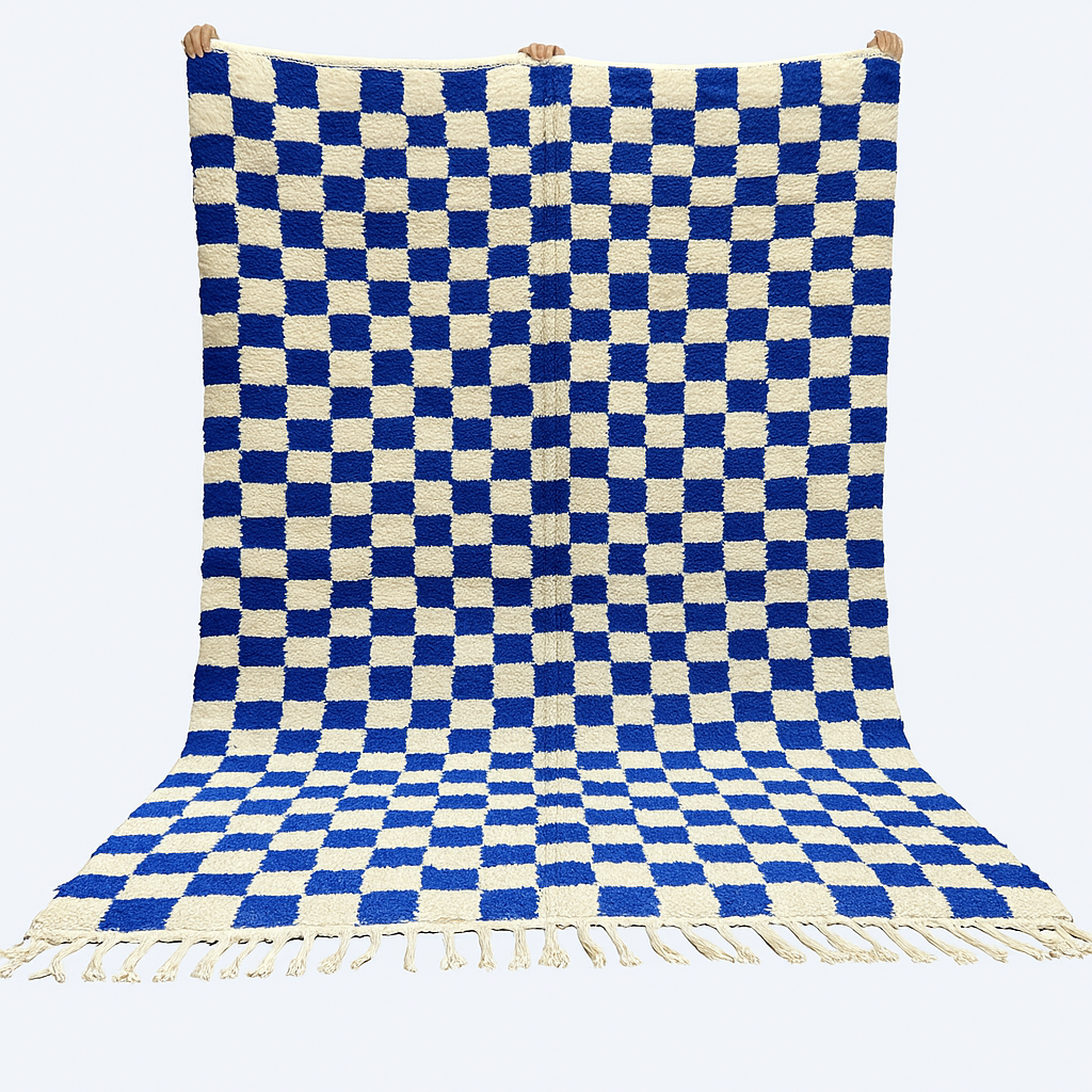 Handwoven Moroccan wool rug with blue and cream checkered design
