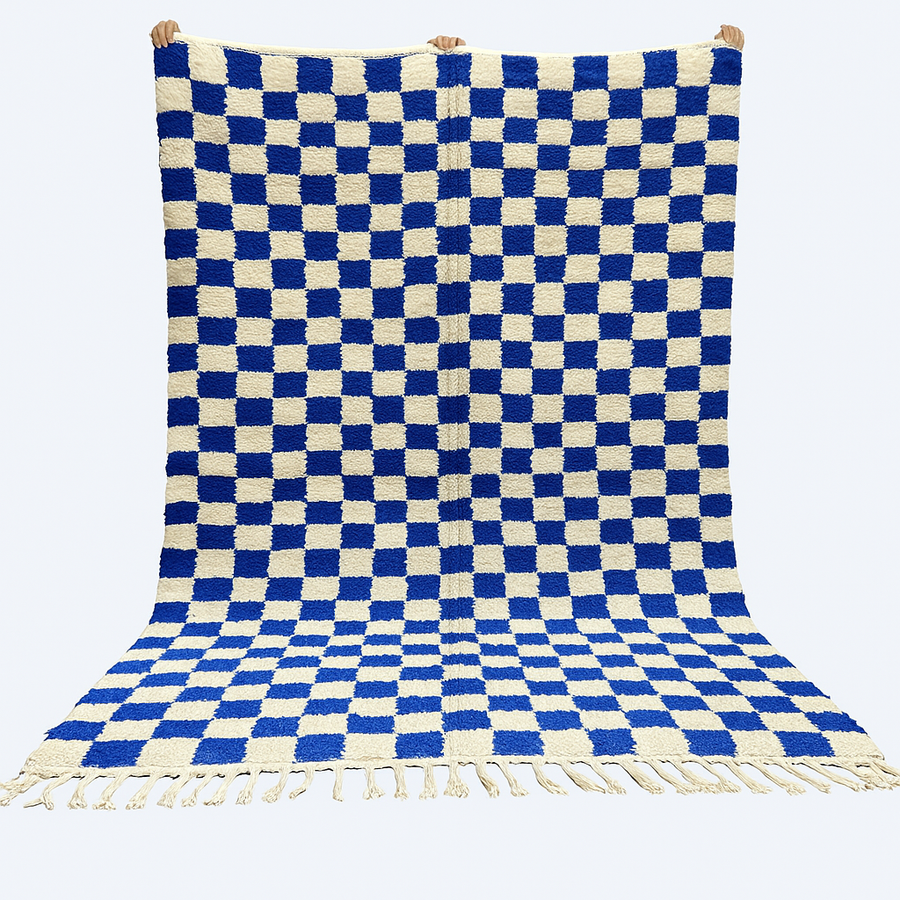 Handwoven Moroccan wool rug with blue and cream checkered design