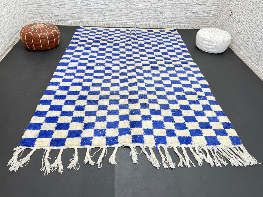 Handwoven Moroccan wool rug with blue and cream checkered design
