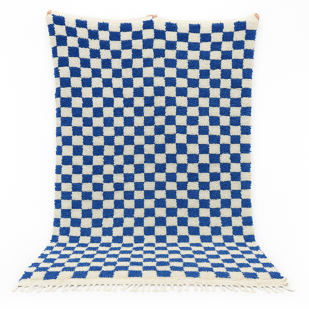 Handwoven blue and cream Moroccan wool rug with checkered design