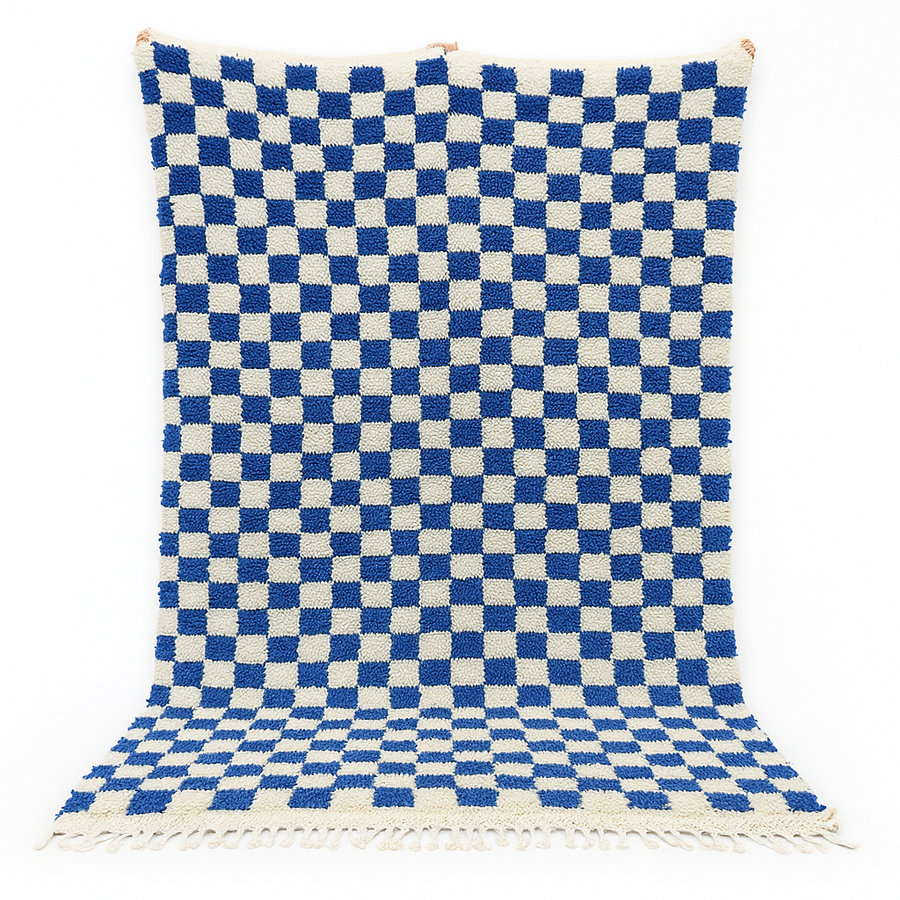 Handwoven blue and cream Moroccan wool rug with checkered design