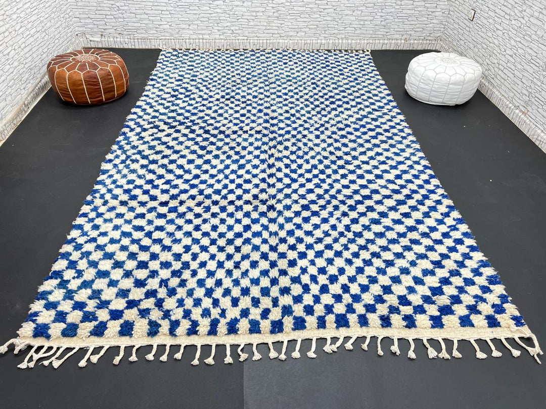 Handwoven blue and cream Moroccan wool rug with checkered design