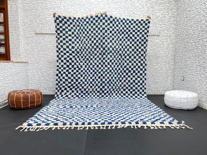 Handwoven blue and cream Moroccan wool rug with checkered design