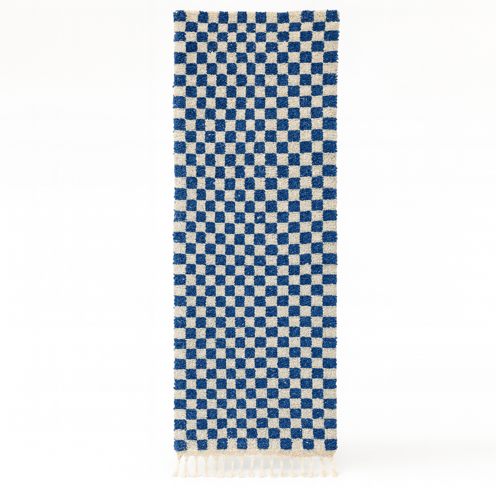 Handmade blue and white checkered Moroccan wool runner rug with geometric pattern