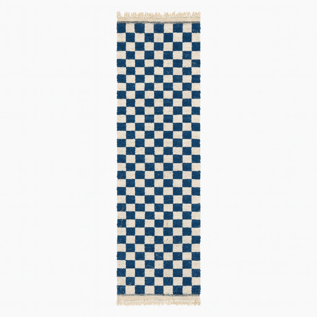 Handmade blue checkered Moroccan wool runner rug with modern geometric pattern