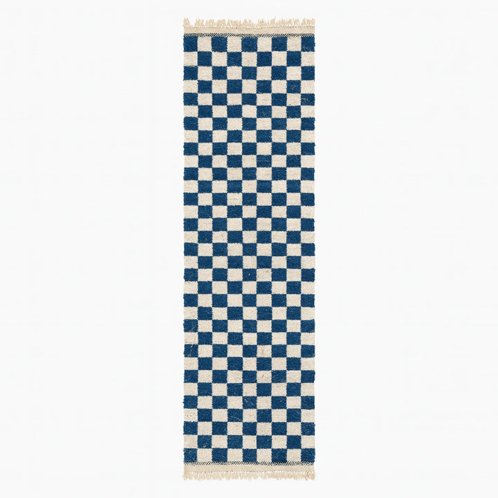 Handmade blue checkered Moroccan wool runner rug with modern geometric pattern