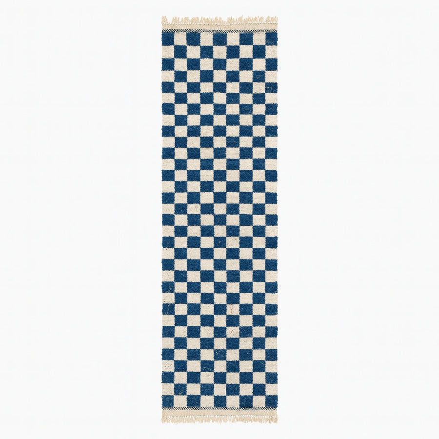 Handmade blue checkered Moroccan wool runner rug with modern geometric pattern