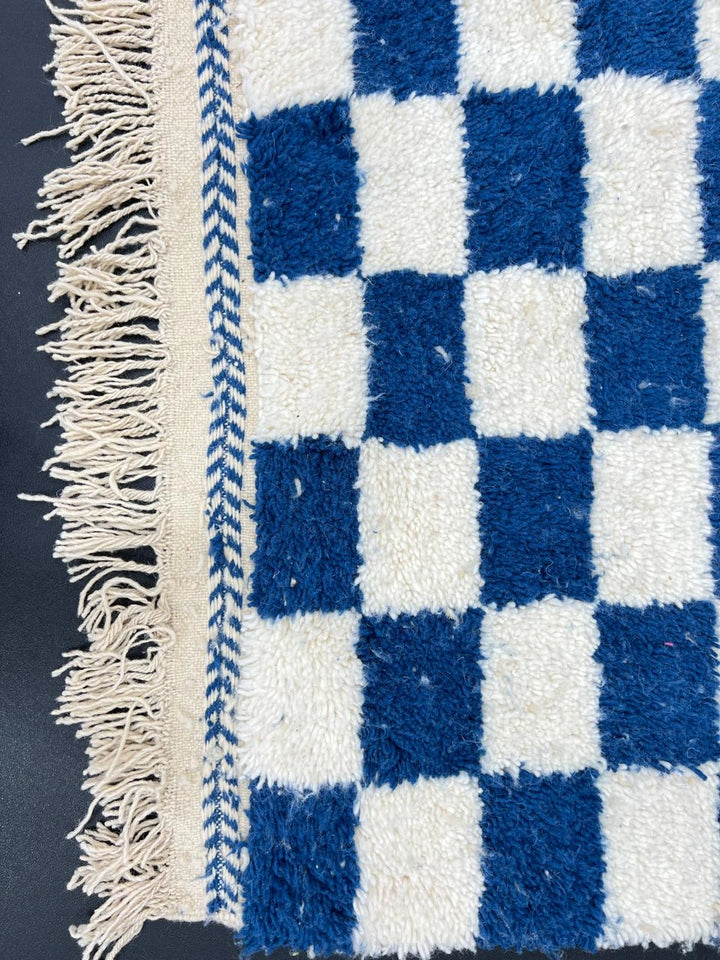 Handmade blue checkered Moroccan wool runner rug with modern geometric pattern