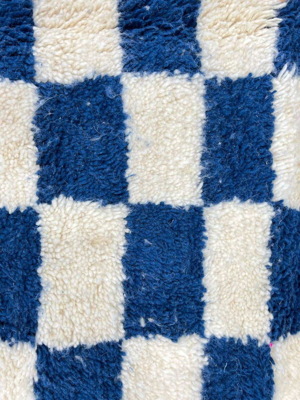 Handmade blue checkered Moroccan wool runner rug with modern geometric pattern