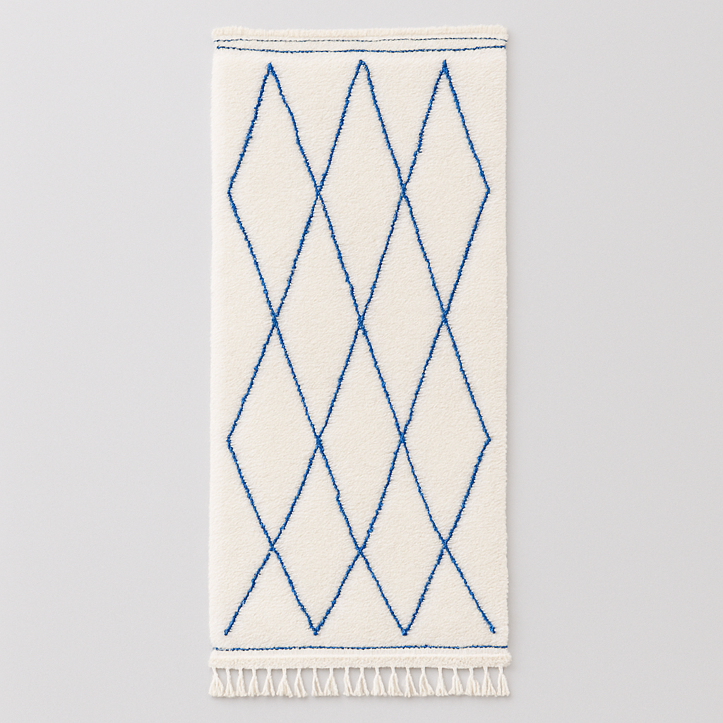 Blue diamond Moroccan runner rug made of natural wool with minimalist Berber pattern on white background and fringed edges