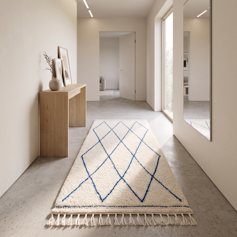Blue diamond Moroccan runner rug made of natural wool with minimalist Berber pattern on white background and fringed edges