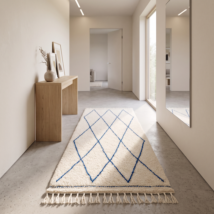 Blue diamond Moroccan runner rug made of natural wool with minimalist Berber pattern on white background and fringed edges