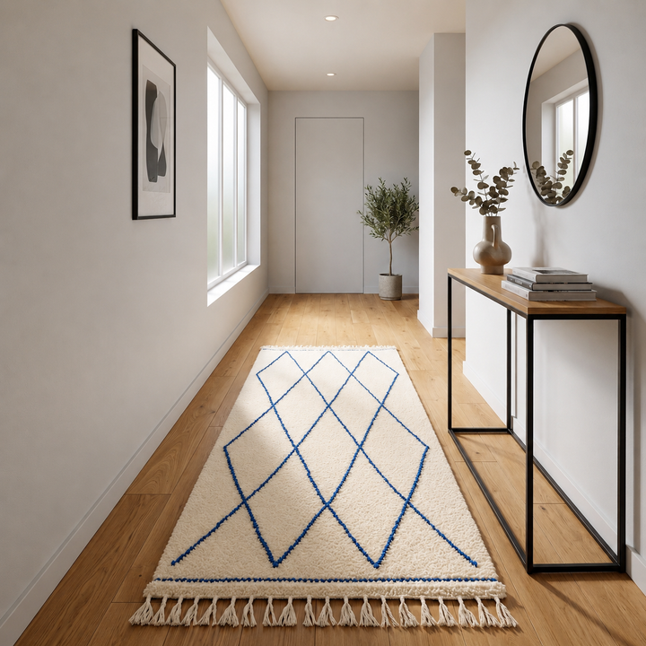 Blue diamond Moroccan runner rug made of natural wool with minimalist Berber pattern on white background and fringed edges