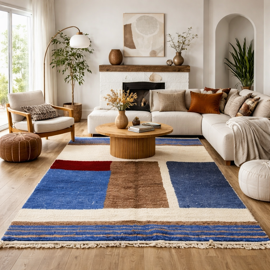 Handmade blue geometric Moroccan wool rug with cream background and Berber color-block design