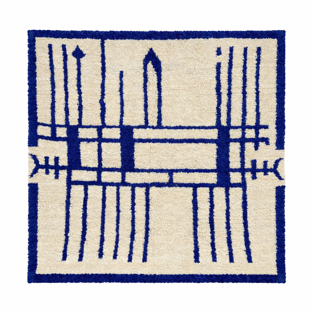 Handmade Moroccan wool rug with blue geometric Berber design. Soft plush texture, modern style, and artisan crafted.