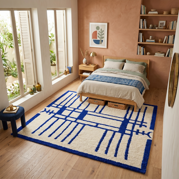Handmade Moroccan wool rug with blue geometric Berber design. Soft plush texture, modern style, and artisan crafted.