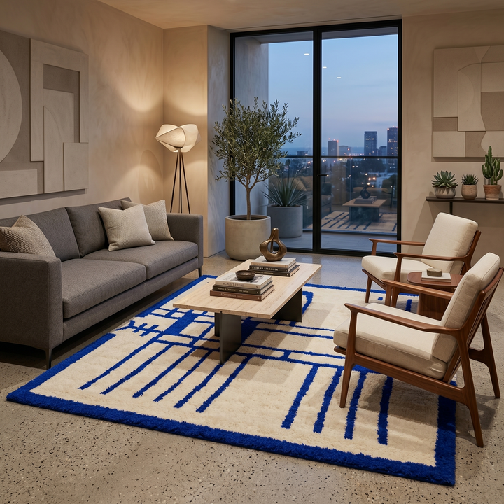 Handmade Moroccan wool rug with blue geometric Berber design. Soft plush texture, modern style, and artisan crafted.
