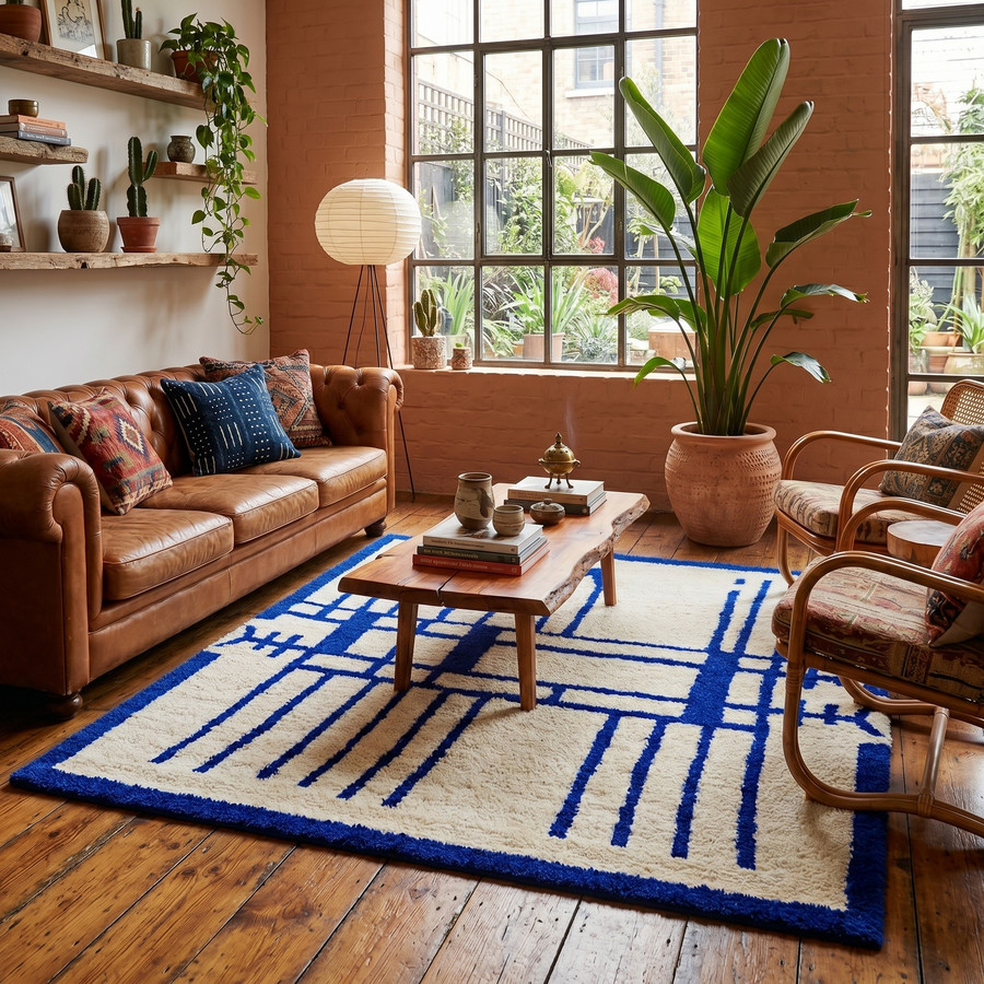 Handmade Moroccan wool rug with blue geometric Berber design. Soft plush texture, modern style, and artisan crafted.