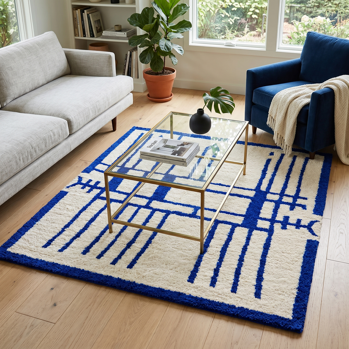 Handmade Moroccan wool rug with blue geometric Berber design. Soft plush texture, modern style, and artisan crafted.
