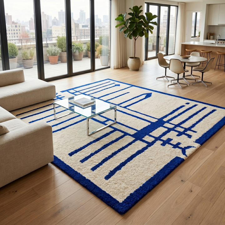 Handmade Moroccan wool rug with blue geometric Berber design. Soft plush texture, modern style, and artisan crafted.