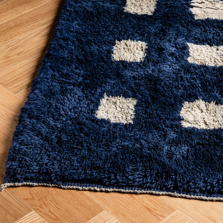 Blue Moroccan Rug with White Squares – Custom Beni Mrirt