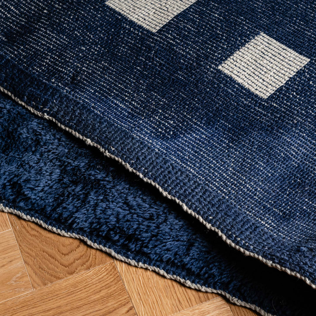 Blue Moroccan Rug with White Squares – Custom Beni Mrirt