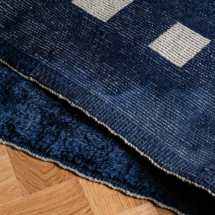 Blue Moroccan Rug with White Squares – Custom Beni Mrirt