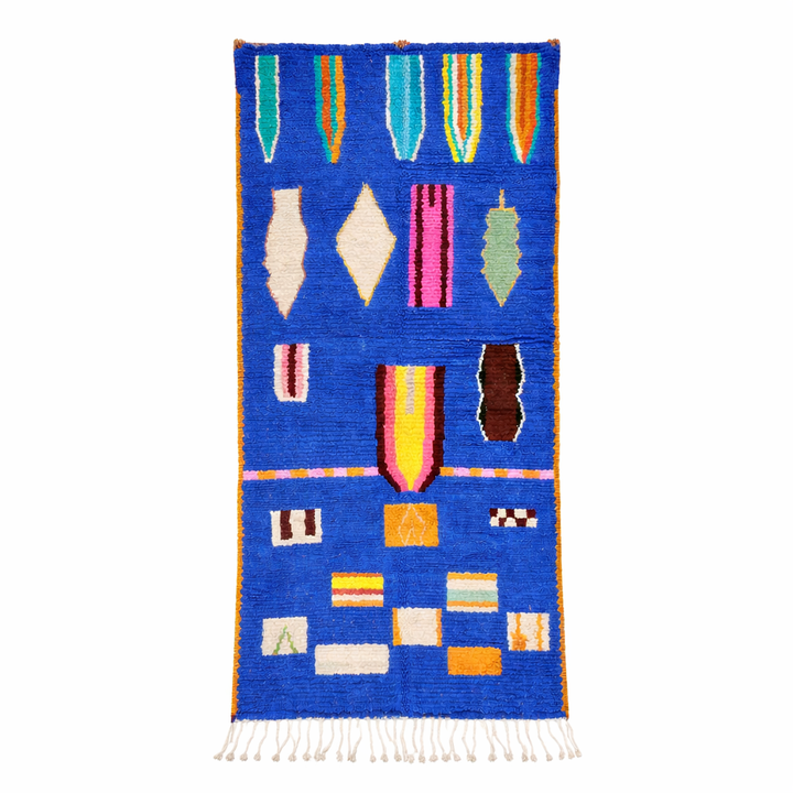 Handwoven blue Moroccan wool runner rug with abstract geometric pattern