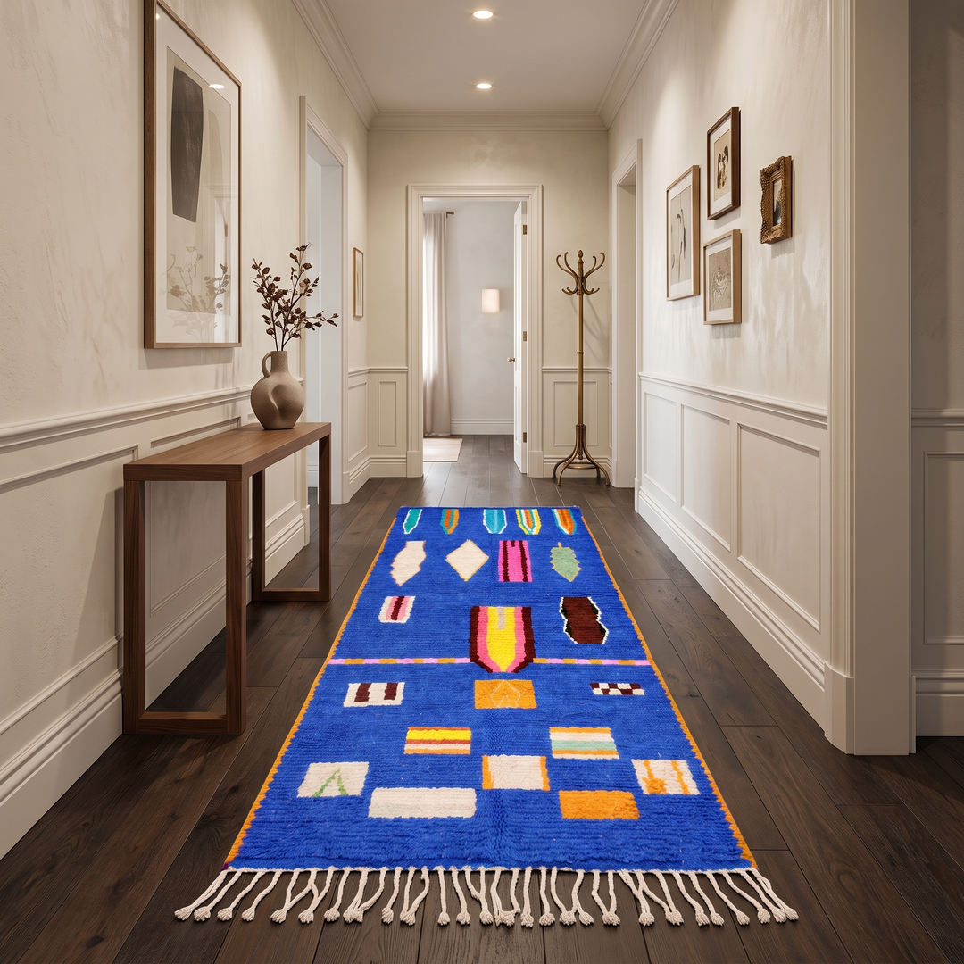 Handwoven blue Moroccan wool runner rug with abstract geometric pattern