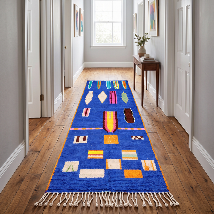 Handwoven blue Moroccan wool runner rug with abstract geometric pattern
