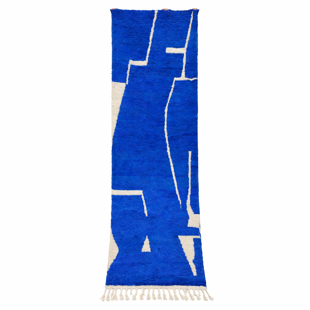 Handwoven blue Moroccan wool runner rug with abstract white line pattern