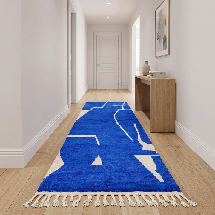 Handwoven blue Moroccan wool runner rug with abstract white line pattern