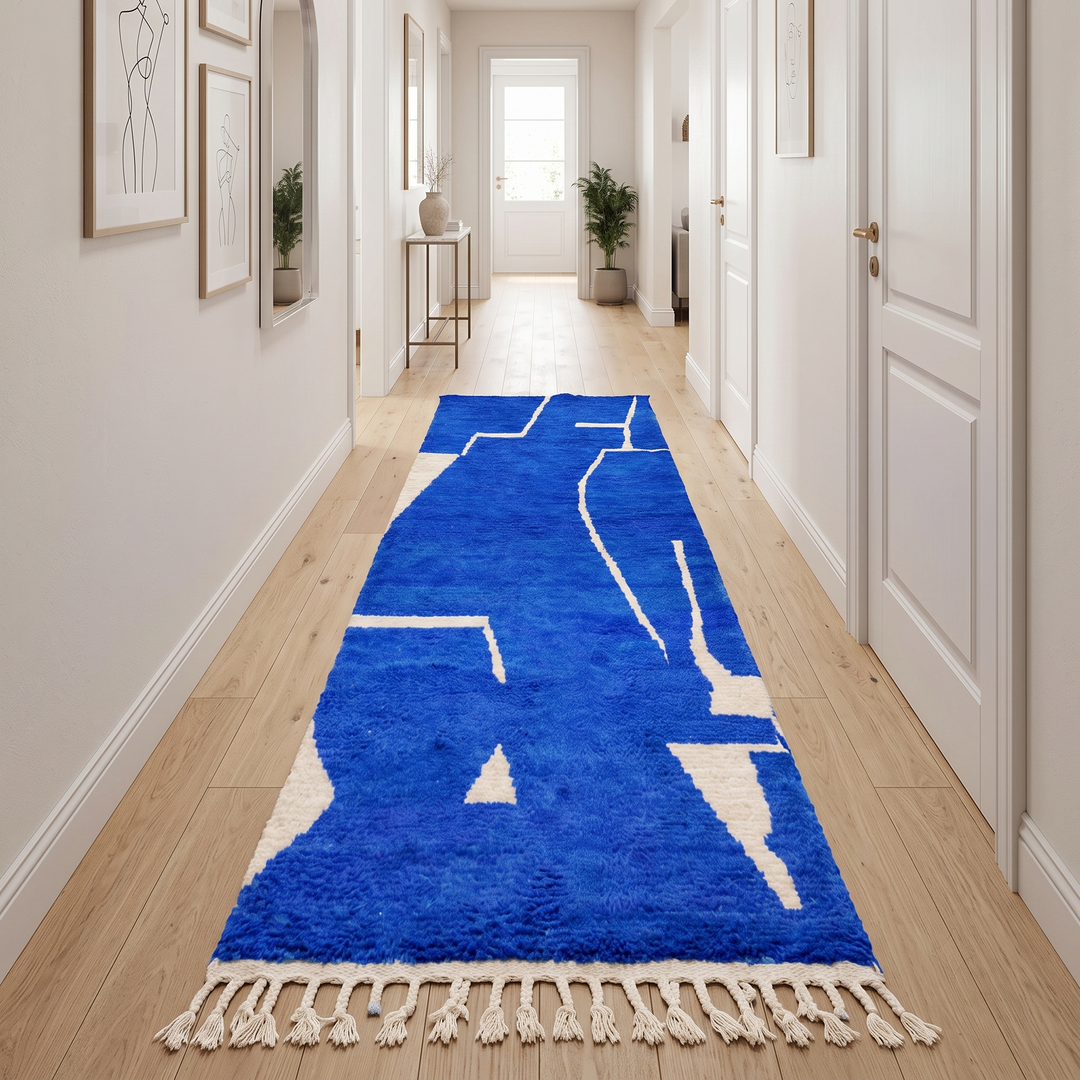 Handwoven blue Moroccan wool runner rug with abstract white line pattern