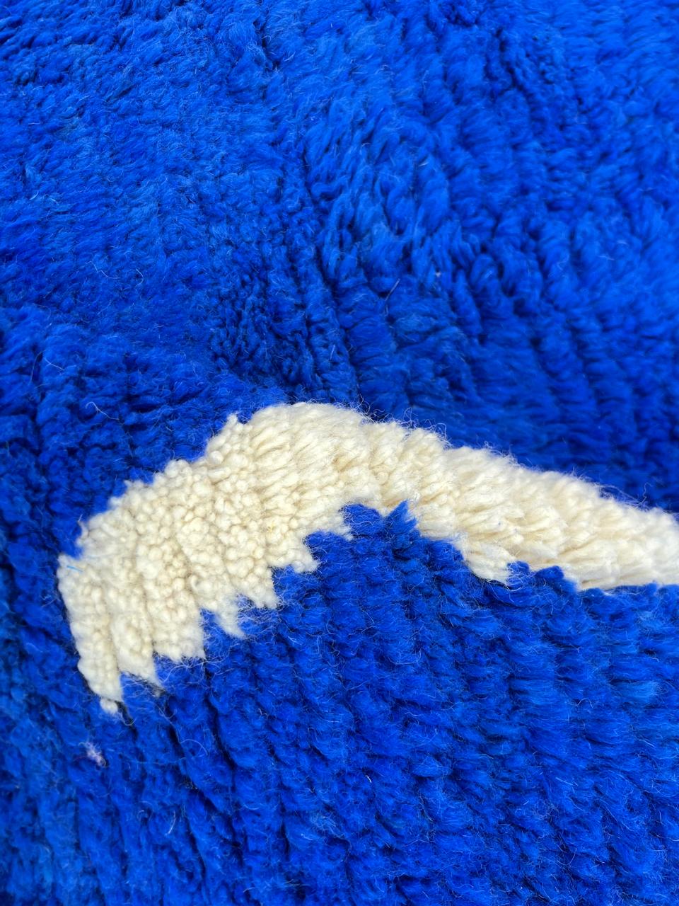 Handwoven blue Moroccan wool runner rug with abstract white line pattern