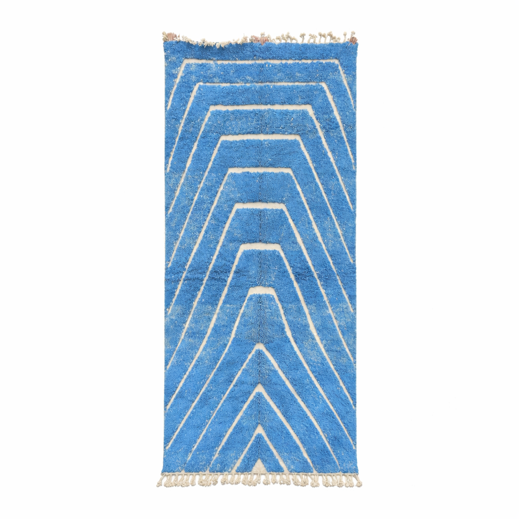 Blue Moroccan runner rug with carved ivory geometric lines, handmade wool
