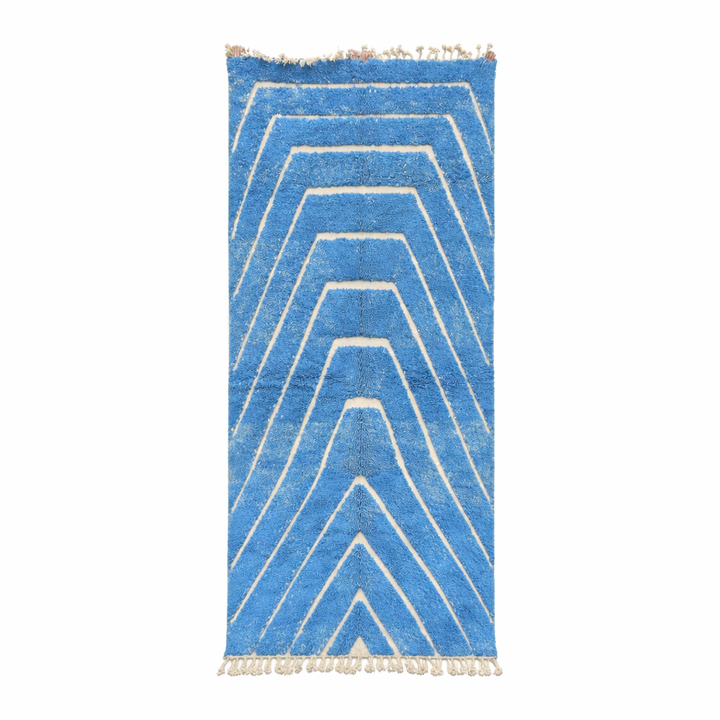 Blue Moroccan runner rug with carved ivory geometric lines, handmade wool