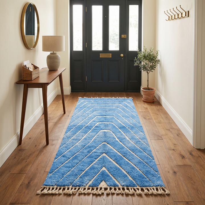 Blue Moroccan runner rug with carved ivory geometric lines, handmade wool