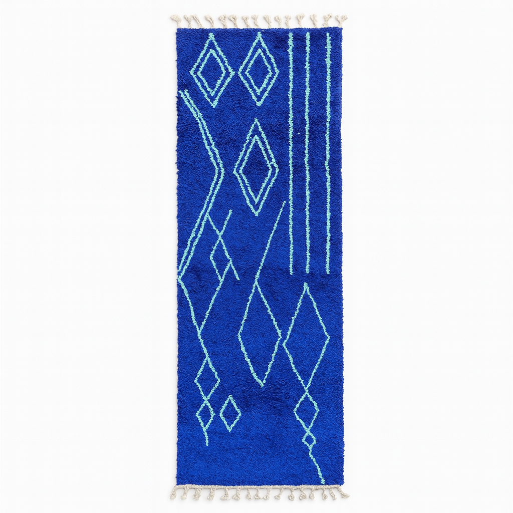 Blue Moroccan wool runner rug with light-blue Berber geometric lines, handmade by artisans