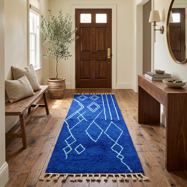 Blue Moroccan wool runner rug with light-blue Berber geometric lines, handmade by artisans