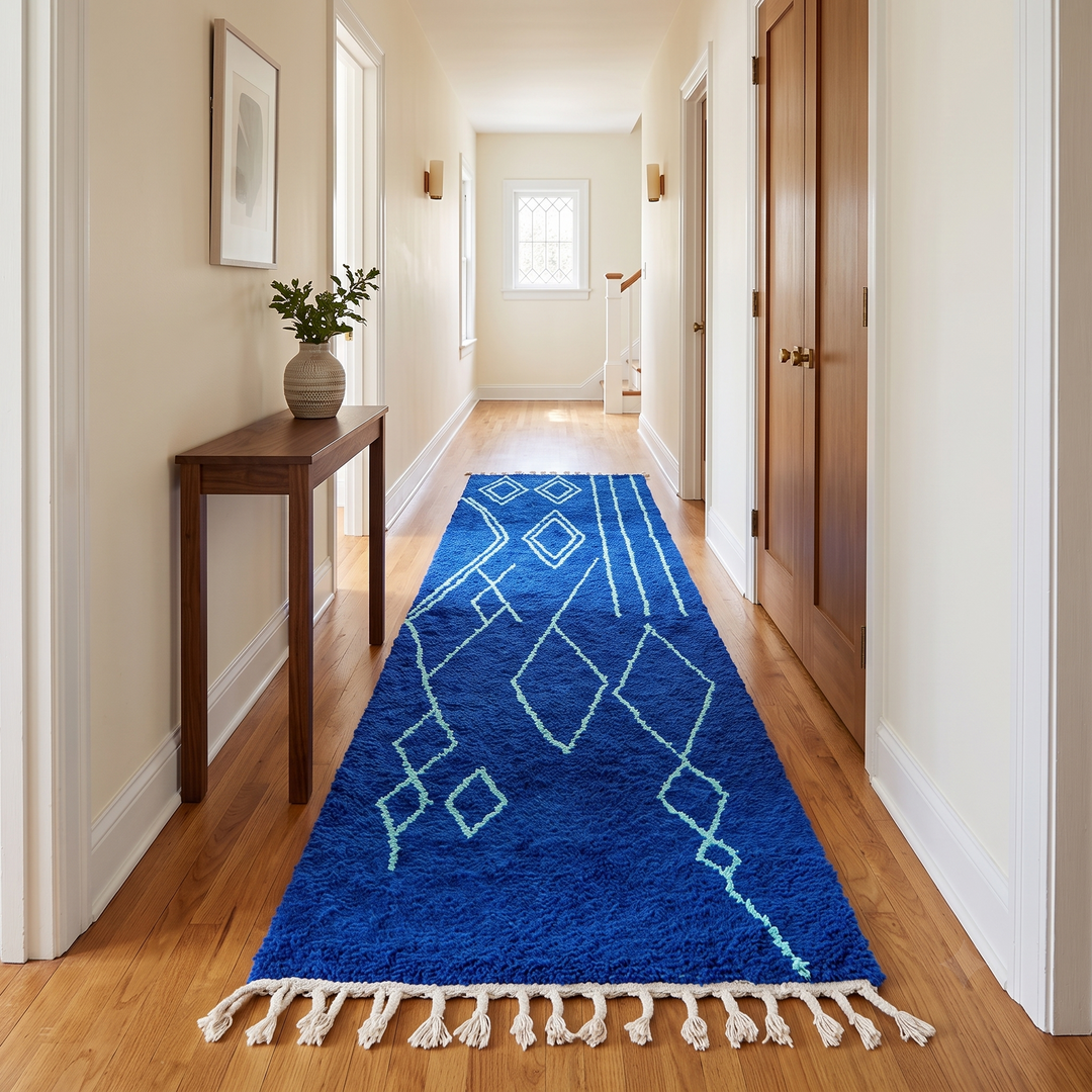 Blue Moroccan wool runner rug with light-blue Berber geometric lines, handmade by artisans