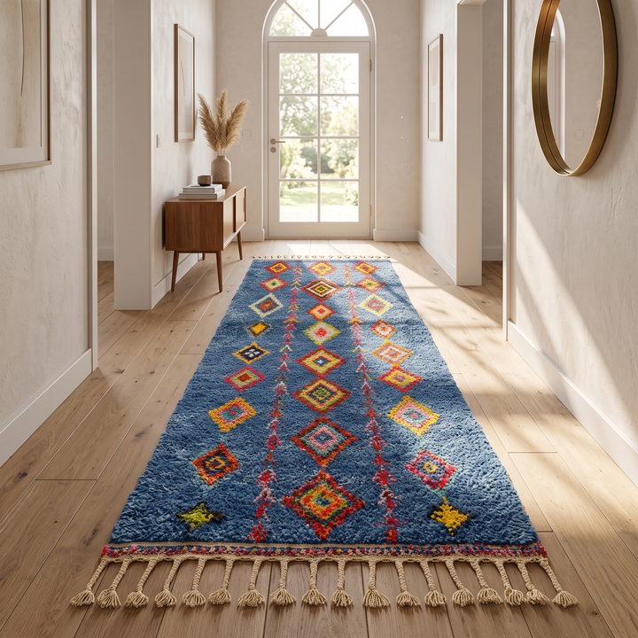 Handmade blue Moroccan runner rug with colorful Berber diamond motifs, crafted from natural wool in a traditional geometric design.
