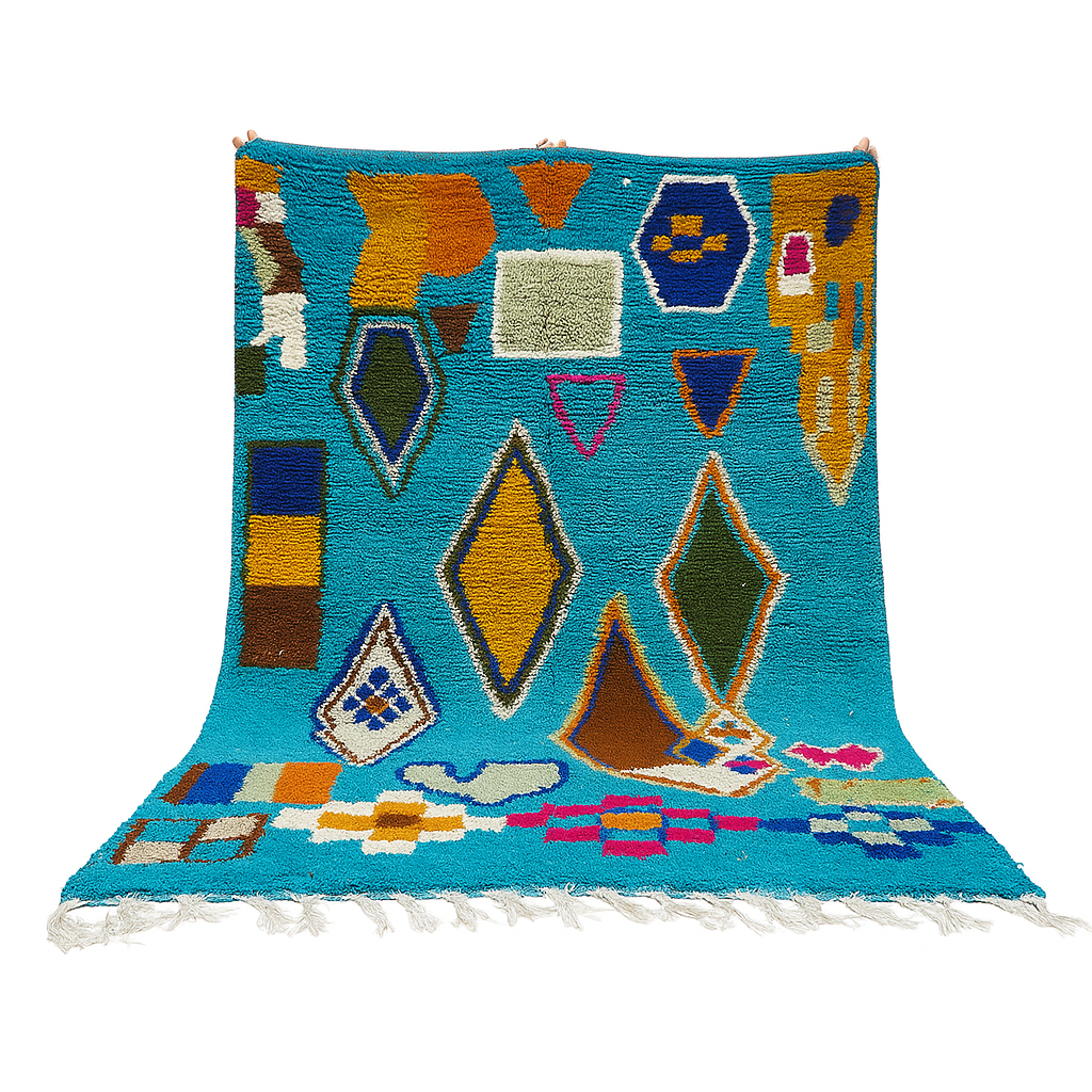 Handwoven blue Moroccan wool rug with colorful geometric Berber motifs