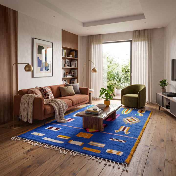Blue Moroccan wool rug with modern abstract Berber symbols on a plush handwoven surface
